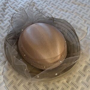 Whittall&Javits Chic Pale Pink and Light Gray Derby Hat w/Tulle Pearls Sequins